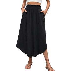 Verdusa Women's Frilled Shirred Elastic Waist A Line Long Skirt with Pocket