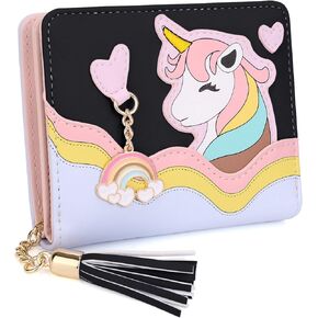 UTO Wallet for Girls Cute Unicorn Leather Vegan Small Women Tassel Rainbow Pendant Card Holder Kawaii Coin Purse