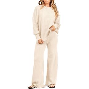 ANRABESS Women 2 Piece Outfits Oversized Chunky Knit Sweater Top Wide Leg Pants 2024 Fall Lounge Set Trendy Cozy Clothes