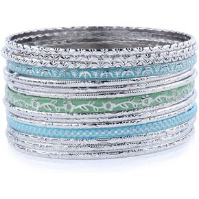 Enameled Multiple Indian African Metal Bracelets & Bangles Set for Women 15Pcs/Set/2.68" Dia.