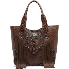 Western Handbag - Classic Concho Embossed Concealed Carry Shoulder Bag with Fringe