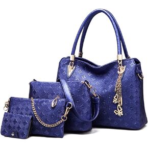 Women Fashion Synthetic Leather Handbags Tote Bag Shoulder Bag Top Handle Satchel Purse with Pendant Set 4pcs