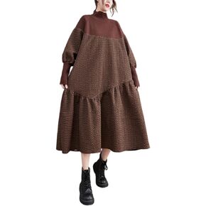 ellazhu Women's Oversized Turtleneck Patchwork Pullover A line Funky Ruffle Hem Dress GZ05