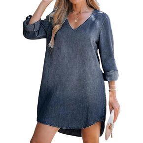 CUPSHE Women's Long Sleeve Denim Shirt Dress Casual V Neck Roll Tab Cotton Jean Dress