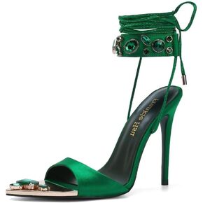 Frankie Hsu Women's Large Big Size Lace Up Luxury Crystal Rhinestone Green Gem Stiletto Satin High Heeled Sandals