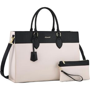 LOVEVOOK Laptop Bag for Women, 15.6 inch Laptop Tote Work Bag Purse, Large Waterproof Leather Computer Briefcase for Office, Beige-Black