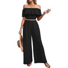 SHENHE Women's 2 Piece Outfits Ruffle Off Shoulder Crop Top and Wide Leg Flowy Pants Set