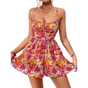 WDIRARA Women's Floral Printed Criss Cross Tie Back Sleeveless Backless High Waisted Rompers