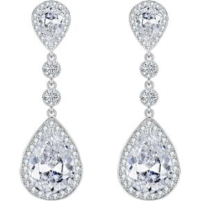 EleQueen Women's Silver-tone Cubic Zirconia Teardrop Bridal Dangle Earrings Clear