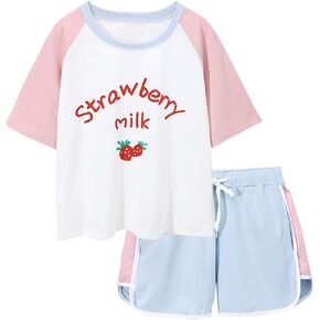 Jilneed Women's Sleepwear Cute Strawberry Print Tee and Shorts Pajama Set