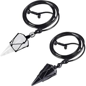 TUMBEELLUWA Pack of 2 Natural Healing Crystal Point Stone Pendant Necklaces for Women and Men, Reiki Chakra Dowsing Divination Pendulum, Adjustable
