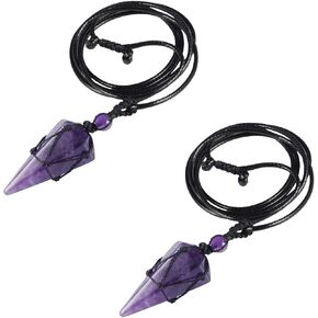 TUMBEELLUWA Pack of 2 Natural Healing Crystal Point Stone Pendant Necklaces for Women and Men, Reiki Chakra Dowsing Divination Pendulum, Adjustable