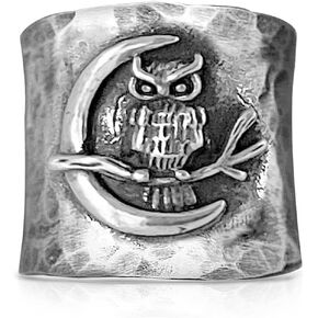 Crescent Moon Owl Octopus Wide Band Chunky Ring for Women Girls,Retro Vintage S925 Sterling Silver Sugar Punk Ring,Thumb Index Finger Biker Gothic Ring Jewelry Gift for Her