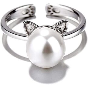 Cute Cat Simulated Pearl Rings for Girls Women Adjustable Open Ring Expandable Size Dainty Animal Wrap Band Finger Knuckle Statement Promise Fashion Eternity Gifts Jewelry