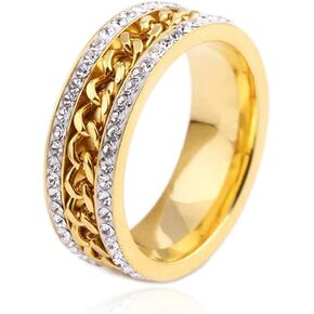 Xusamss Fashion Plated Gold Stainless Steel Chain Crystal Band Ring