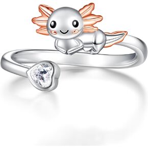 Axolotl Ring 925 Sterling Silver - Adjustable Open Heart Cubic Zircon Rings Cute Animal Jewelry Promise Gifts for Women Girls Teen
