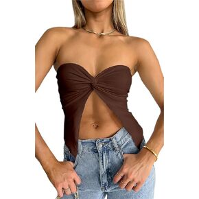 Meladyan المرأة مثير حمالة تويست عقدة صديرية دائرية الشق الجبهة العصابة القمم الصيف الصلبة أكمام سبليت المحاصيل القمم تانك مشد in Kuwait