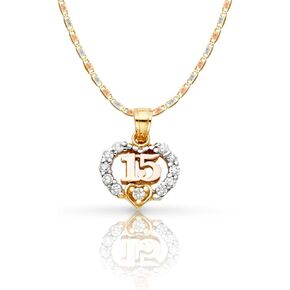 Ioka 14K Two Tone Gold Sweet 15 Years Quinceanera Heart Cubic Zirconia CZ Charm Pendant with 1.5mm Valentino Chain Necklace