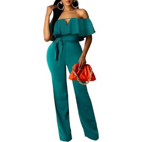 YouSexy Women's Off Shoulder Jumpsuit High Waist Wide Leg Long Pants With Belt