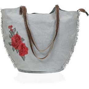 CREATIVE LEATHER ART CLA Upcycle Canvas Tote Bag, Beautiful Rose embroidery designs Fashion Style Tote Bag for Women's, Upcycle Canvas Shoulder Bag for Women, Light Grey, Grey in Kuwait