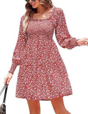 فستان نسائي من Beyove مزين بالورود وأكمام طويلة ورقبة مربعة فساتين كاجوال in Kuwait