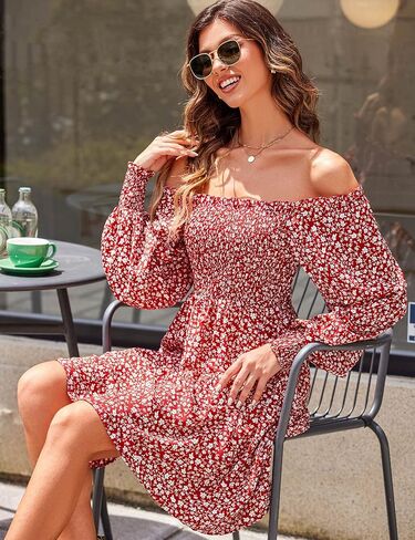 فستان نسائي من Beyove مزين بالورود وأكمام طويلة ورقبة مربعة فساتين كاجوال in Kuwait