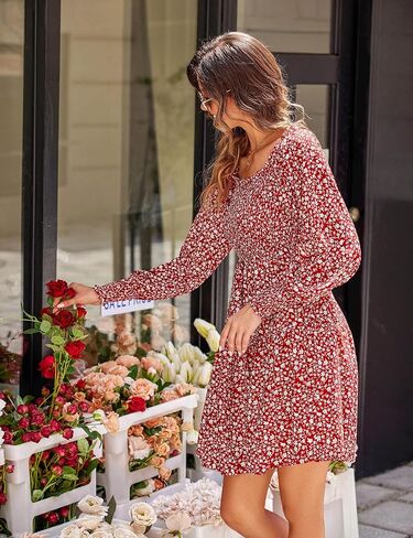 فستان نسائي من Beyove مزين بالورود وأكمام طويلة ورقبة مربعة فساتين كاجوال in Kuwait