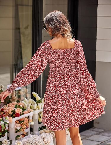 فستان نسائي من Beyove مزين بالورود وأكمام طويلة ورقبة مربعة فساتين كاجوال in Kuwait