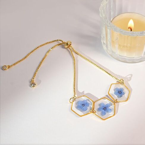 CLoie Flower Bracelet,Forget Me Not Bracelet Pressed Bracelet,Adjustable Dried Flower Gold Bracelet,Pressed Flowers Handmade Tiny Small Hexagon Bracelet,Gift For Her in Saudi Arabia