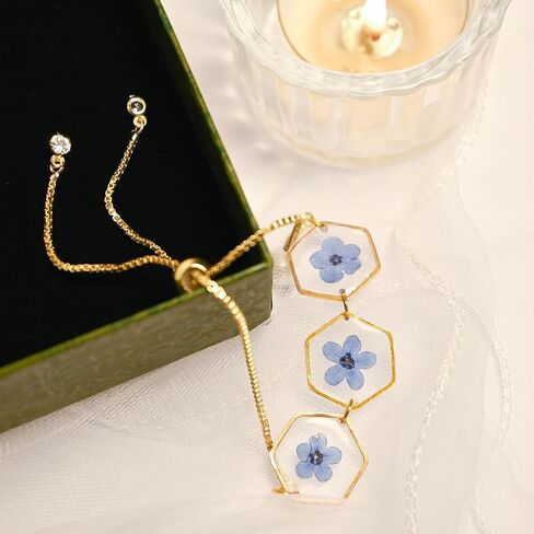CLoie Flower Bracelet,Forget Me Not Bracelet Pressed Bracelet,Adjustable Dried Flower Gold Bracelet,Pressed Flowers Handmade Tiny Small Hexagon Bracelet,Gift For Her in Saudi Arabia