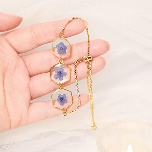 CLoie Flower Bracelet,Forget Me Not Bracelet Pressed Bracelet,Adjustable Dried Flower Gold Bracelet,Pressed Flowers Handmade Tiny Small Hexagon Bracelet,Gift For Her in Saudi Arabia