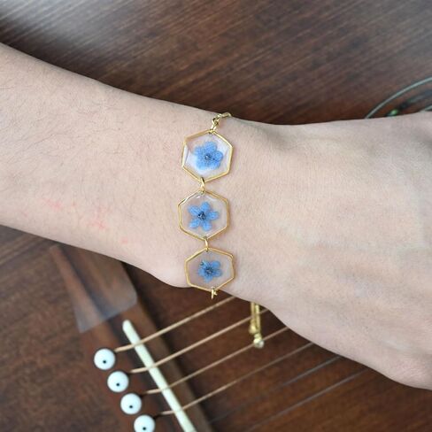 CLoie Flower Bracelet,Forget Me Not Bracelet Pressed Bracelet,Adjustable Dried Flower Gold Bracelet,Pressed Flowers Handmade Tiny Small Hexagon Bracelet,Gift For Her in Saudi Arabia