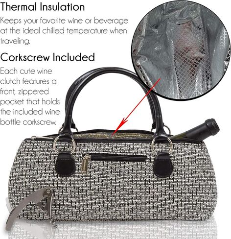 Wine Clutch Bag (Thermal Insulated) Trendy Women’s Carry Tote | Holds Red & White 750mL Bottles | Trendy Fashion | Incl. Portable Waiter-Style Corkscrew (Black Tweed) in Saudi Arabia