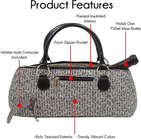 Wine Clutch Bag (Thermal Insulated) Trendy Women’s Carry Tote | Holds Red & White 750mL Bottles | Trendy Fashion | Incl. Portable Waiter-Style Corkscrew (Black Tweed) in Saudi Arabia