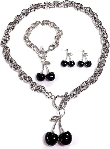 Punk Sweet Cherry Pendant Stainless Steel Necklace Ot Buckle Gothic Street Harajuku Adjustable Link Chain Lovely Choker Collar Jewelry for Women Men in Saudi Arabia