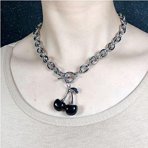 Punk Sweet Cherry Pendant Stainless Steel Necklace Ot Buckle Gothic Street Harajuku Adjustable Link Chain Lovely Choker Collar Jewelry for Women Men in Saudi Arabia