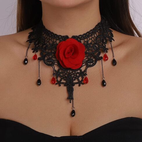 Kenfery Gothic Black Lace Choker Necklace Sexy Rose Flower Necklace Dainty Crystal Chram Pendant Collar Necklace Chic Prom Party Ball Nacklace for Women and Girls (Black) in Kuwait