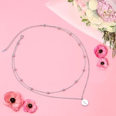 FLYOW S925 Sterling Silver Disc/Heart Initial Layered Choker Necklace Short Dainty Adjustable Lariat Necklaces for Women Girls in Kuwait