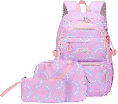 Dorlubel Girls Princess Backpack Elementary School, Heart Shape Print Backpack Cute Kids Kindergarten Preschool Bookbag With Lunch Bag and Pencil Case (Purple Heart Shape) in Saudi Arabia