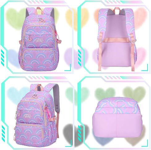 Dorlubel Girls Princess Backpack Elementary School, Heart Shape Print Backpack Cute Kids Kindergarten Preschool Bookbag With Lunch Bag and Pencil Case (Purple Heart Shape) in Saudi Arabia