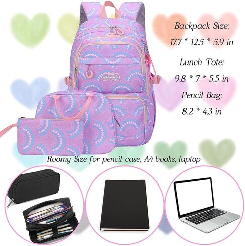 Dorlubel Girls Princess Backpack Elementary School, Heart Shape Print Backpack Cute Kids Kindergarten Preschool Bookbag With Lunch Bag and Pencil Case (Purple Heart Shape) in Saudi Arabia