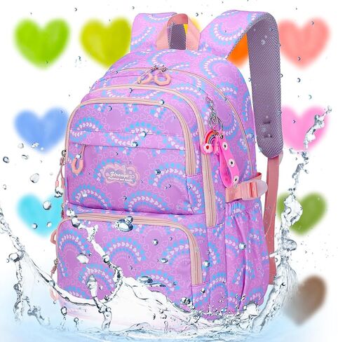 Dorlubel Girls Princess Backpack Elementary School, Heart Shape Print Backpack Cute Kids Kindergarten Preschool Bookbag With Lunch Bag and Pencil Case (Purple Heart Shape) in Saudi Arabia