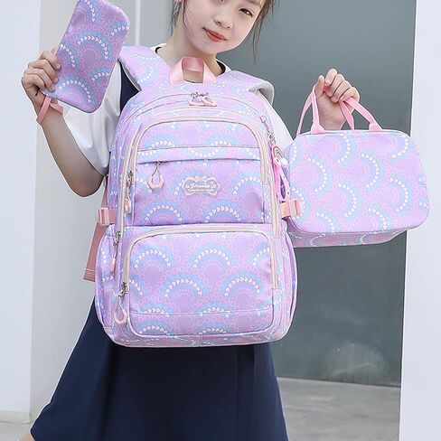 Dorlubel Girls Princess Backpack Elementary School, Heart Shape Print Backpack Cute Kids Kindergarten Preschool Bookbag With Lunch Bag and Pencil Case (Purple Heart Shape) in Saudi Arabia