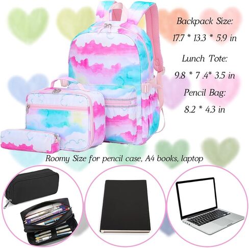 Dorlubel Girls Princess Backpack Elementary School, Heart Shape Print Backpack Cute Kids Kindergarten Preschool Bookbag With Lunch Bag and Pencil Case (Purple Heart Shape) in Saudi Arabia