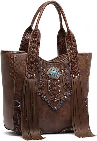 Western Handbag - Classic Concho Embossed Concealed Carry Shoulder Bag with Fringe in Kuwait