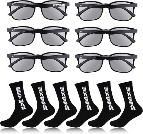 ليوموي مجموعة هدايا لرفقاء العريس مكونة من 12 قطعة بلون اسود ونظارات شمسية وجوارب قطنية مبتكرة لرفقاء العريس والرجال وحفلات توديع العزوبية، اسود وابيض، مقاس واحد, أبيض وأسود in Kuwait