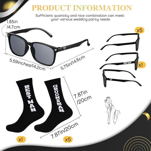 ليوموي مجموعة هدايا لرفقاء العريس مكونة من 12 قطعة بلون اسود ونظارات شمسية وجوارب قطنية مبتكرة لرفقاء العريس والرجال وحفلات توديع العزوبية، اسود وابيض، مقاس واحد, أبيض وأسود in Kuwait