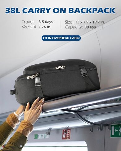 حقيبة ظهر Hynes Eagle Carry on 38L حقيبة ظهر كبيرة للسفر للنساء معتمدة من الطيران لعطلة نهاية الأسبوع حقيبة كمبيوتر محمول للرجال 15 بوصة أسود مع بني in Kuwait