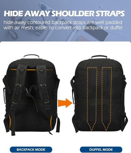 حقيبة ظهر Hynes Eagle Carry on 38L حقيبة ظهر كبيرة للسفر للنساء معتمدة من الطيران لعطلة نهاية الأسبوع حقيبة كمبيوتر محمول للرجال 15 بوصة أسود مع بني in Kuwait