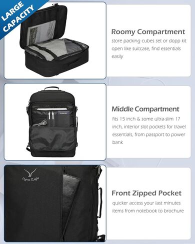 حقيبة ظهر Hynes Eagle Carry on 38L حقيبة ظهر كبيرة للسفر للنساء معتمدة من الطيران لعطلة نهاية الأسبوع حقيبة كمبيوتر محمول للرجال 15 بوصة أسود مع بني in Kuwait